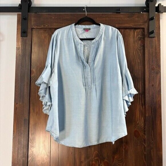 Vince Camuto Plus Size Light Blue Split Neck Ruffle Sleeve Top NWT - Picture 4 of 6